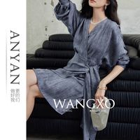 安雁2024仿棉仿麻炒色工艺|交叉V领门襟|不规则绑带收腰连衣长裙【9月8日发完】