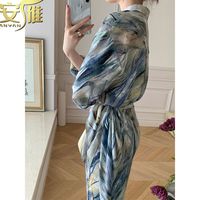 安雁2024独特花纹早秋梵高色调通勤法式衬衫半裙薄款套装女早秋
