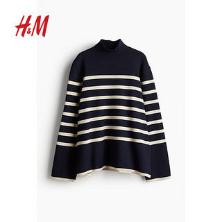 H&M2024秋季女士高领套衫1169363 海军蓝/条纹 155/76