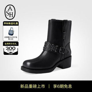艾熙 ASH女靴TEOUILA2024秋季新款真皮短靴女粗跟时尚百搭铆钉套筒单靴潮 黑色 3