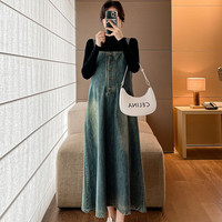 婧麒(JOYNCLEON)装牛仔背带裙子女春秋款2024套装两件套长袖大码连衣裙子 浅蓝色两件套 XL