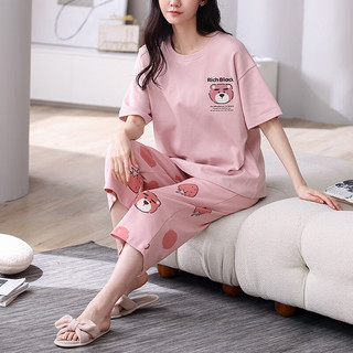 芬腾夏季短袖睡衣女纯棉薄款七分裤套头宽松韩版清新大码家居服两件套 X98424221粉色【纯棉七分裤】 M/160（90-110斤）