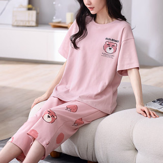 芬腾夏季短袖睡衣女纯棉薄款七分裤套头宽松韩版清新大码家居服两件套 X98424221粉色【纯棉七分裤】 M/160（90-110斤）