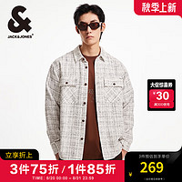 杰克·琼斯（JACK&JONES）秋季宽松翻领格纹花呢潮流百搭小香风外套长袖衬衫夹克男款 石灰花灰G01 常规 175/96A/M