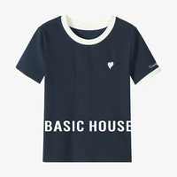 Basic House/百家好字母爱心刺绣T恤女夏季撞色圆领正肩上衣 藏青 L
