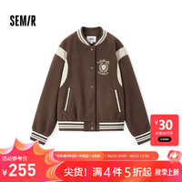 森马 Semir外套女刺绣拼接撞色宽松夹克2024冬季仿毛呢棒球服学院风