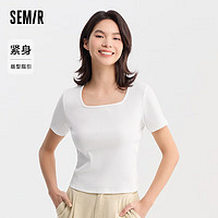 森马（Semir）短袖T恤女短款方领正肩上衣简约夏季紧身套头衫女士气质百搭 本白10102 150/76A/XS