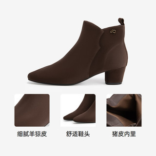 C.BANNER千百度千百度粗高跟时装靴女款2024冬季通勤显瘦羊皮短靴子 咖色 39