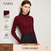 AMII2024秋通勤百搭翻领坑条纹火山岩纱毛衣女修身显瘦上衣 波尔多红 150/76A/XS