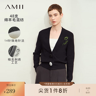 AMII2024秋休闲风V领玫瑰刺绣毛织开衫女宽松撞色纽扣上衣 黑色 165/88A/L