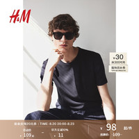 H&M男装2024夏季休闲纯色修身T恤1241036 海军蓝 180/124
