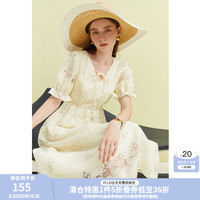 范思蓝恩23FS12227法式复古连衣裙女夏季蕾丝花边V领长裙 杏色 XS