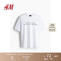 H&M男装女装T恤2024夏舒适字母图案印花圆领短袖上衣0967955 白色/Copy 180/124