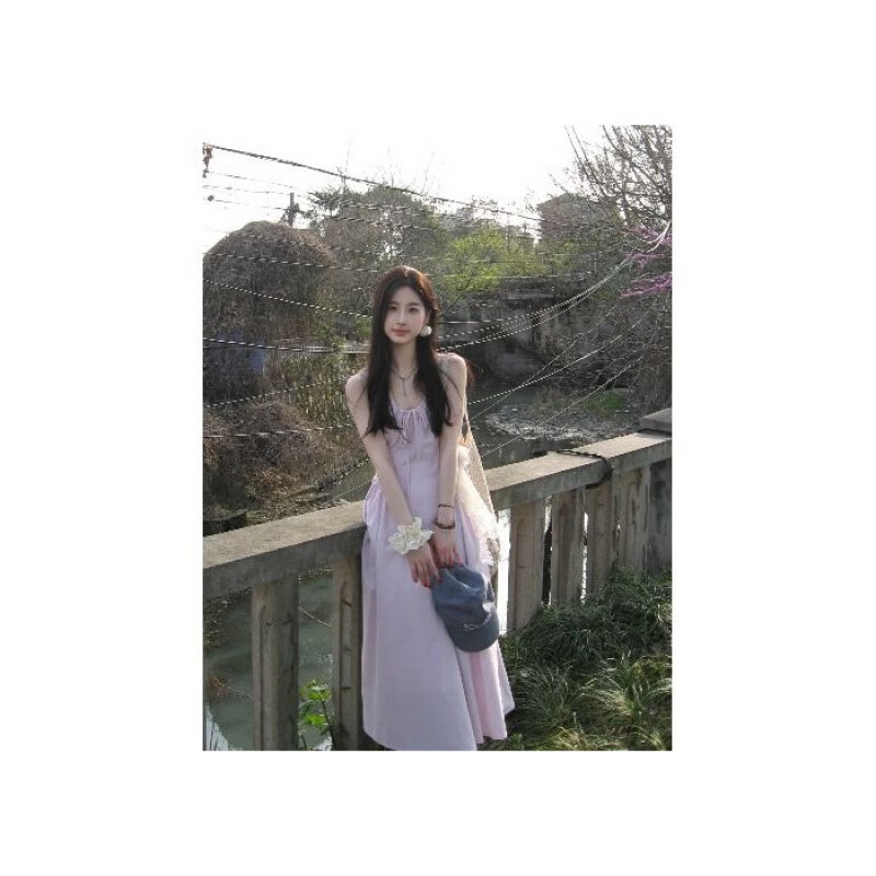 SLY TRO温柔风紫色褶皱吊带连衣裙女夏季2024仙女修身收腰A字裙长裙 紫色 M