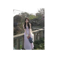 SLY TRO温柔风紫色褶皱吊带连衣裙女夏季2024仙女修身收腰A字裙长裙 紫色 M