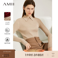 AMII2024秋通勤百搭翻领坑条纹火山岩纱毛衣女修身显瘦上衣 花驼 175/96A/XXL