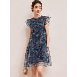白鹿语 24夏季时尚甜美减龄圆领亮片无弹连衣裙女