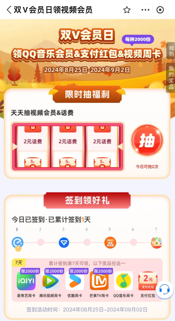支付宝 签到领好礼 领2元支付红包/视频会员周卡等