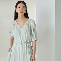 莱赛尔天丝MECITY女装夏季英伦纯色腰带宽松气质连衣裙女