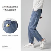 唐狮 TONLION2022春季牛仔裤男直筒休闲长裤潮牌修身小脚裤口袋印花