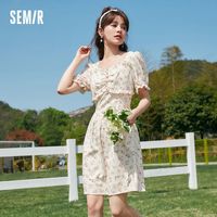 森马 Semir连衣裙女收腰木耳边法式气质夏泡泡袖方领肌理碎花裙浪漫