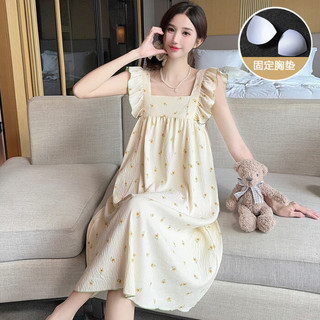 PEANOJEAN冰丝爽棉夏小飞袖睡裙女甜美清新吊带带胸垫中长家居服可外穿7192 5#黄色雏菊 M