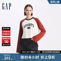 Gap女装2024初秋印花logo撞色插肩长袖T恤短款宽松上衣637542 白红拼接 155/76A(XS) 亚洲尺码