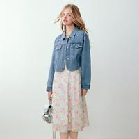 韩系少女感彩钻弧摆牛仔外套2024春秋彩钻设计多巴胺上衣