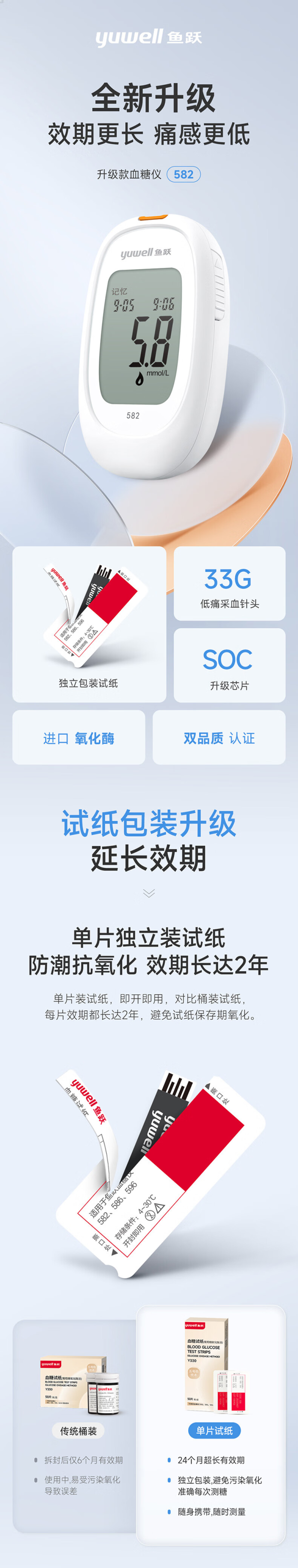 鱼跃 医用血糖仪582 (100片血糖试纸+100支采血针)