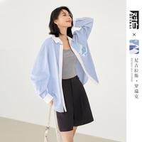 【凯伊莱文联名】2024年春秋装撞色条纹印花口袋女式长袖衬衫