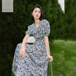 DUIBAI 对白 2024夏装油画风肌理碎花交叉门襟女式短袖连衣裙