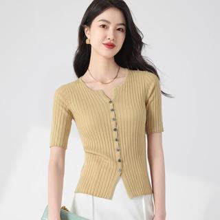 古今 GUJIN优雅性感修身纯色含桑蚕丝针织打底开衫毛衣外套短袖T恤