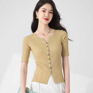 古今 GUJIN优雅性感修身纯色含桑蚕丝针织打底开衫毛衣外套短袖T恤