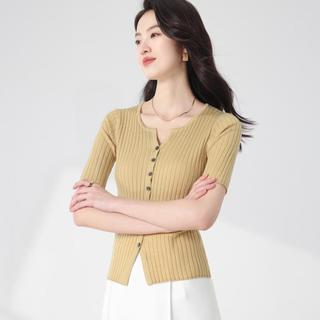 古今 GUJIN优雅性感修身纯色含桑蚕丝针织打底开衫毛衣外套短袖T恤