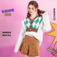 【艺术家联名】春季假两件毛衣V领衬衫女拼接针织衫上衣