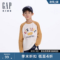 Gap【大小童同款】男童2024初秋纯棉小熊插肩袖长袖T恤641773 黄白拼接 110cm(4-5岁) 亚洲尺码