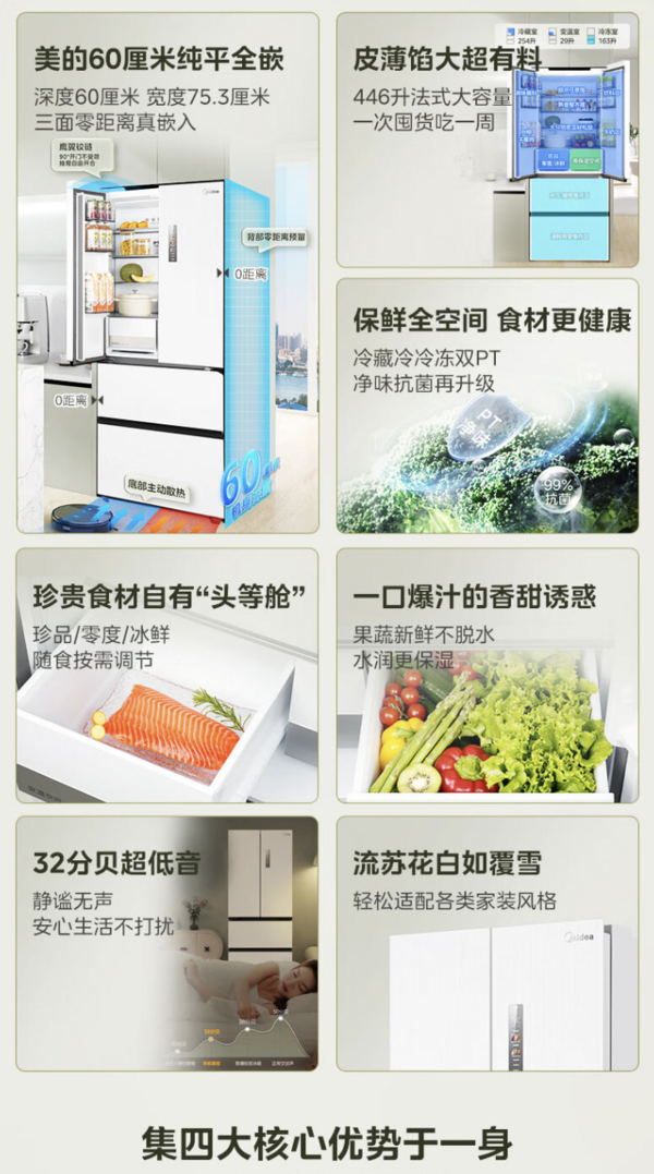 家装季、以旧换新补贴：Midea 美的 M60系列 MR-468WUFPZE 法式多门冰箱 446L 白色系