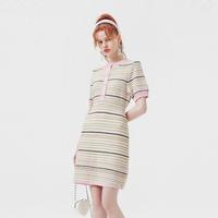 5+ Five Plus女夏装条纹收腰连衣裙女短袖气质针织裙子排扣