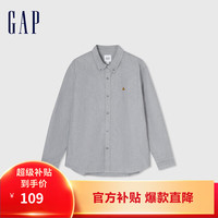 Gap男女装2024春季纯棉小熊logo长袖衬衫简约百搭上衣890975 黑灰色 175/96A(L) 亚洲尺码