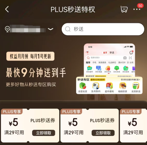 京东 PLUS秒送特权 领4张29-5元秒送券