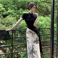 SLY TRO新中式国风短袖连衣裙女装夏季水墨画改良旗袍裙子感气质长裙 黑色 M