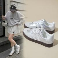 复古拼接蕾丝德训鞋女2024秋季小香风软底轻便板鞋休闲运动鞋