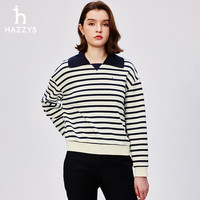哈吉斯(HAZZYS)女装 2024秋季女士宽松休闲条纹翻领卫衣女ABTSE0BCE06 藏青色NV 160/84A 38
