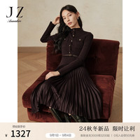 玖姿·安娜蔻秋冬美拉德羊毛假两件压褶针织连衣裙女2024冬季新款 深咖啡