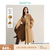 茵曼100%绵羊毛双面呢外套2024冬季女装新款双排扣翻驳领长款大衣