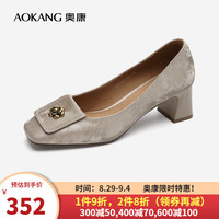奥康（Aokang）女鞋 2024秋季国风中式山茶花粗跟浅口单鞋 香槟 1242211051 34