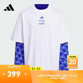 adidas二合一休闲长袖T恤男大童儿童秋季阿迪达斯轻运动 白/半荧光蓝 152CM