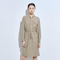 系带长袖收腰中长款连衣裙女