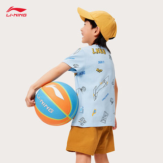 李宁（LI-NING）童装短袖T恤男小童24春夏棉质满印图案休闲上衣YHSU271 蓝底印花-2 100cm