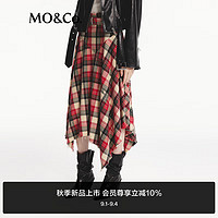 MO&Co.2024秋新品苏格兰格纹毛边不规则半身裙(附腰带)MBD3SKT047 红黑格色